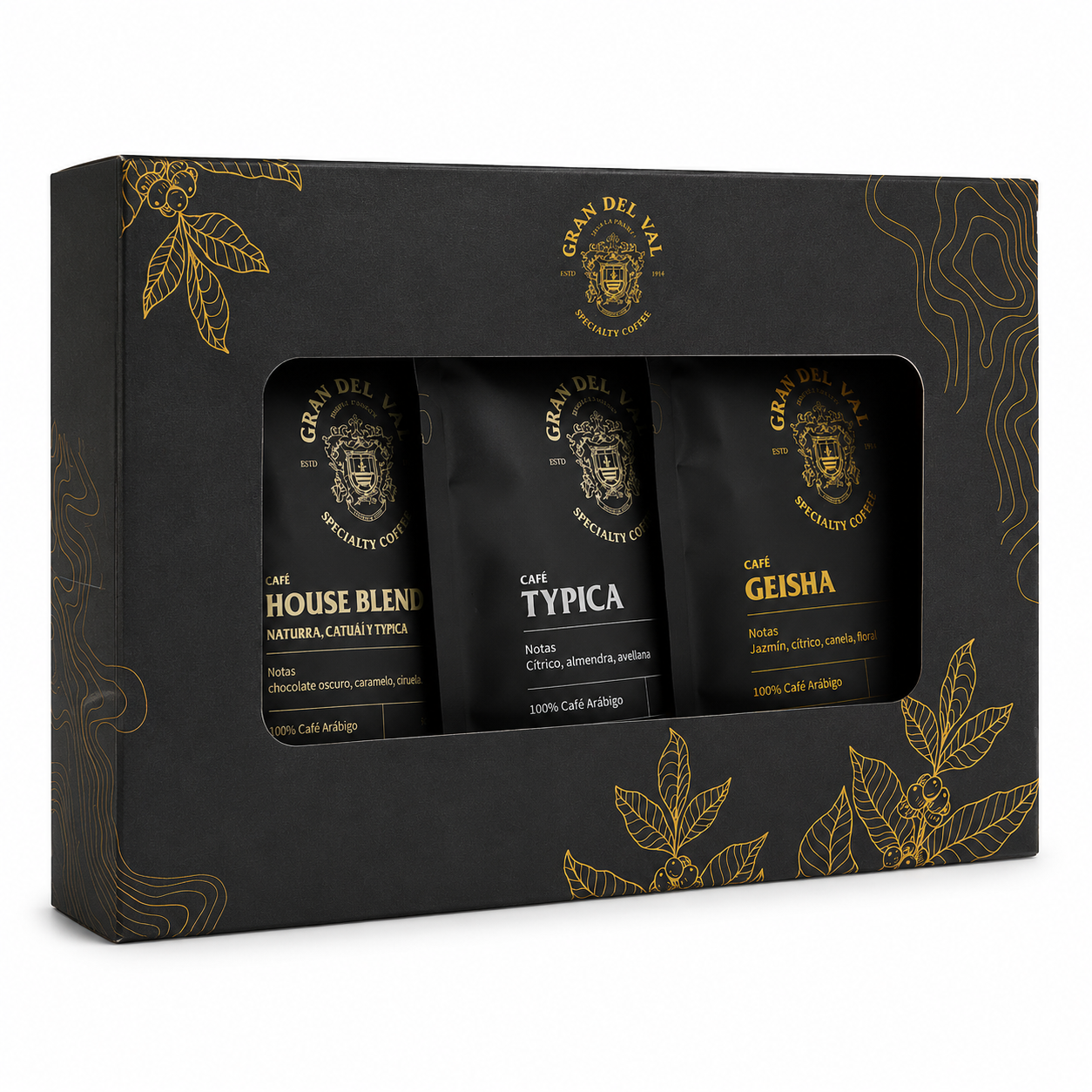 Gran Del Val Coffee Tasting Gift Set black and gold box with House Blend, Typica, and Geisha 75g coffee bags