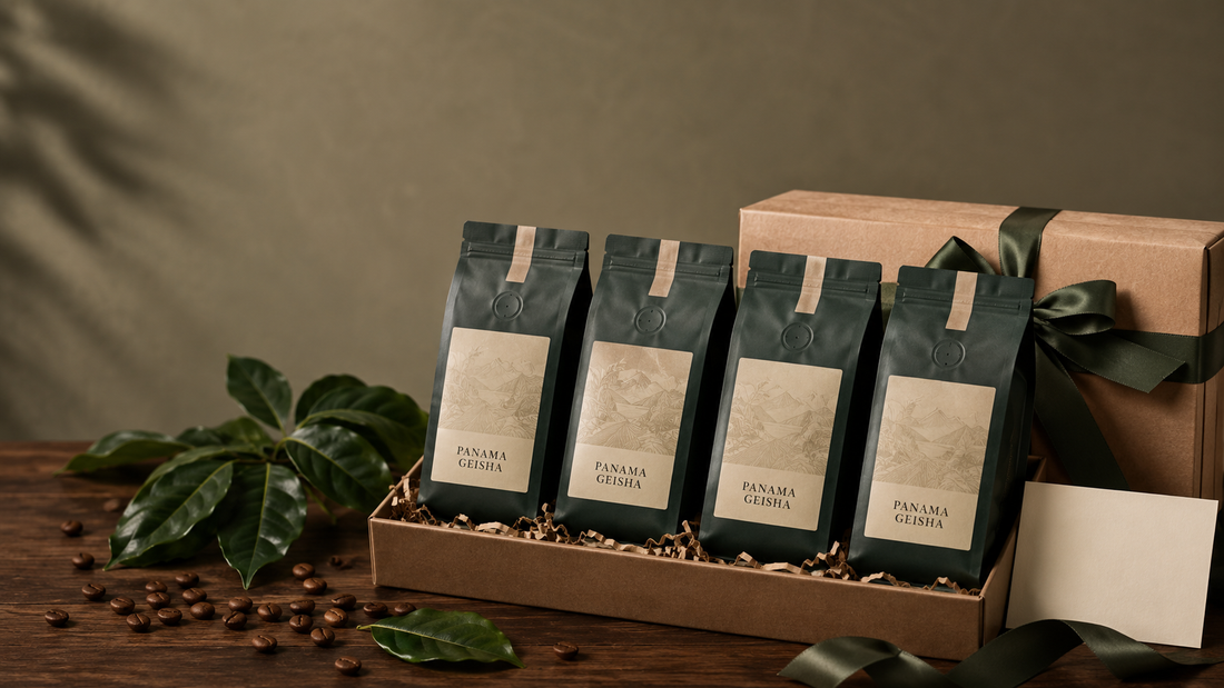 Award-winning Panama Geisha coffees from Finca Lérida, Carmen Estate, Elida, and Gran Del Val arranged as a corporate gift