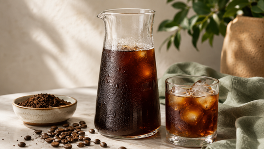 Cold brew coffee makers and a glass of cold brew over ice with coarse coffee grounds, for brewing specialty Panama coffee