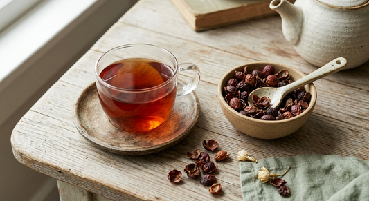 Dried cascara coffee cherry husks beside a glass cup of amber cascara tea on a wooden table in Boquete, Panama