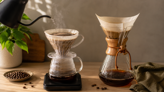 Hario V60 and Chemex pour-over coffee makers side by side on a wood counter, water pouring from a gooseneck kettle