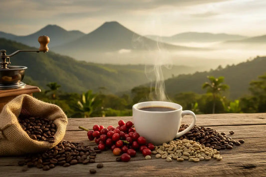 A cup of Panama Geisha coffee on a rustic wooden table with coffee cherries and beans, set against misty highland mountains on a Boquete coffee farm