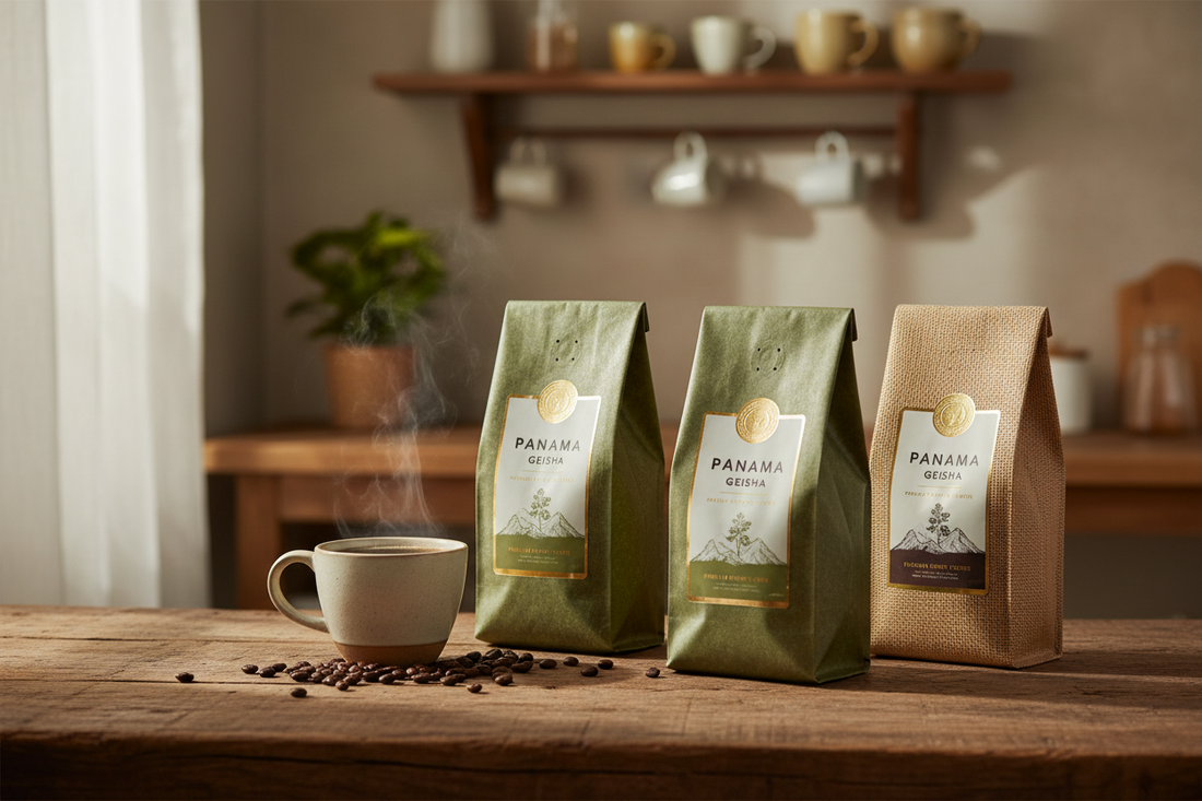 Panama coffee subscription bags with a freshly brewed cup and roasted beans