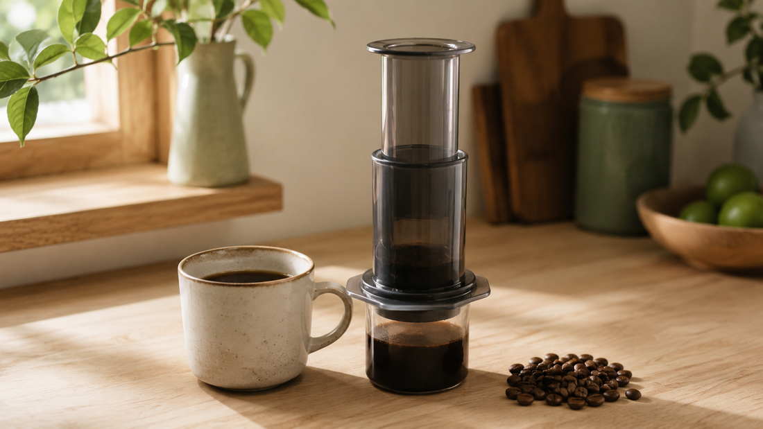 AeroPress coffee maker on a wooden counter beside a freshly brewed cup and whole coffee beans in warm morning light