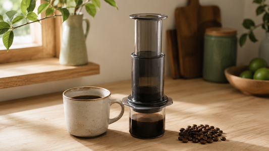 AeroPress coffee maker on a wooden counter beside a freshly brewed cup and whole coffee beans in warm morning light