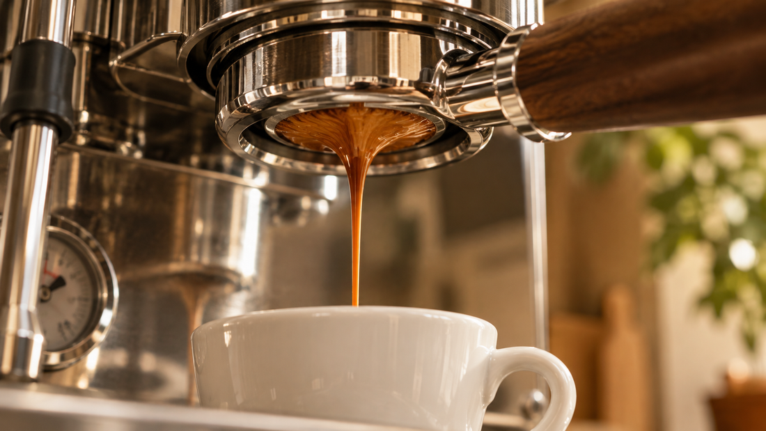 Bottomless portafilter pouring an even espresso stream on a home espresso machine