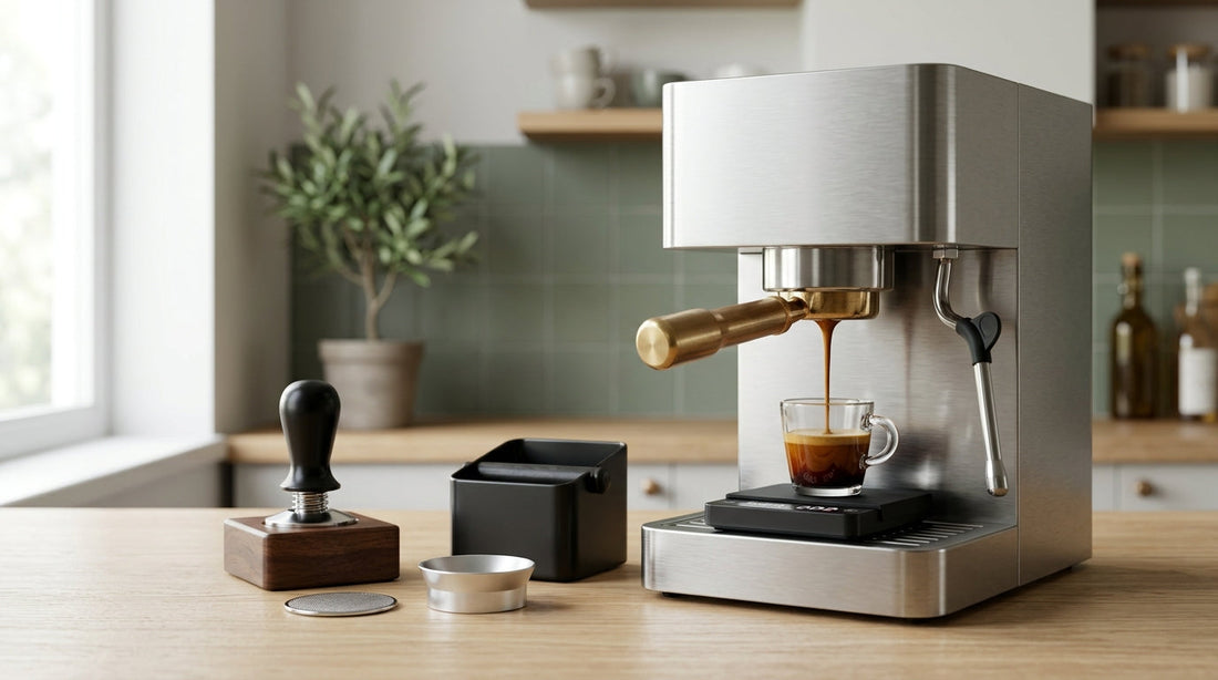 Compact espresso machine pulling a shot from a bottomless portafilter onto a small scale, with a tamper, puck screen, dosing funnel and knock box beside it