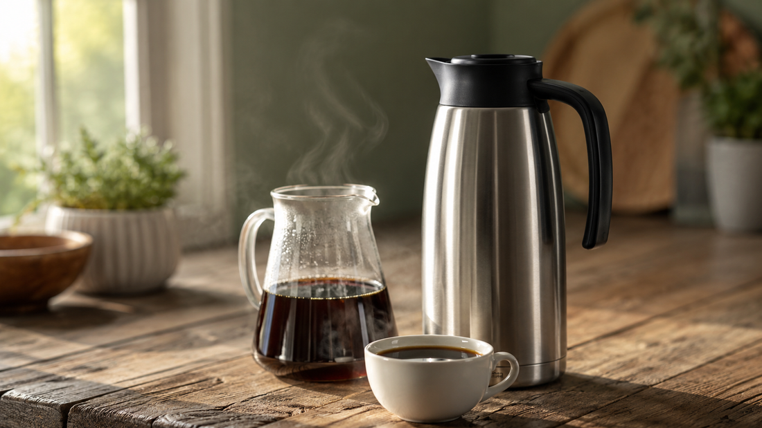 Stainless steel thermal carafe and glass coffee server with freshly brewed coffee on a kitchen counte