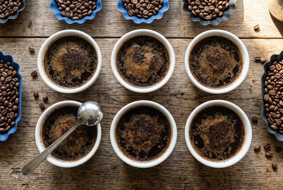 Six porcelain coffee cupping bowls in a row with a stainless cupping spoon and trays of whole beans on a wooden table
