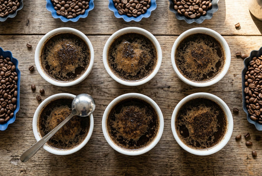 Six porcelain coffee cupping bowls in a row with a stainless cupping spoon and trays of whole beans on a wooden table