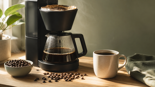 Best coffee for a drip coffee maker: whole Panama coffee beans beside a glass carafe of freshly brewed drip coffee.