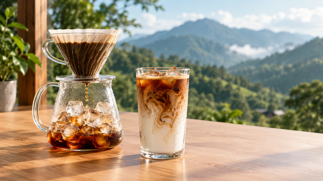 Japanese-style iced pour-over dripping onto ice beside an iced latte, showing the best coffee for iced coffee from Panama
