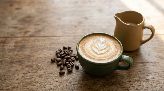 Best coffee for lattes and cappuccinos: a cappuccino with latte art beside whole Panama coffee beans from Boquete
