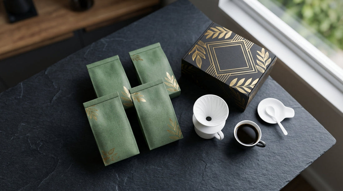 Panama Geisha coffee bags and a gift box with a pour-over dripper and a cup of black coffee, the best coffee in the world