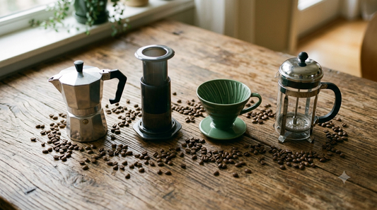 Best coffee makers compared: a Moka pot, AeroPress, pour-over dripper and French press with Panama coffee beans