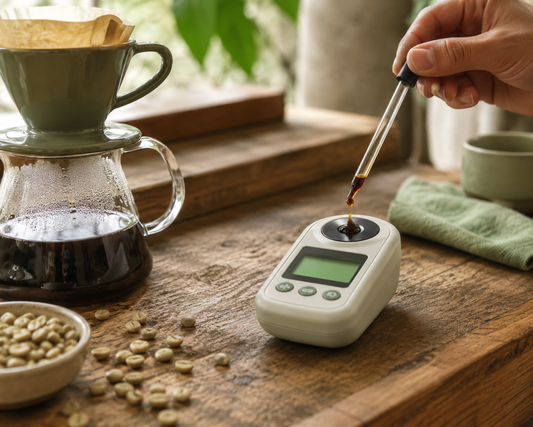 Digital coffee refractometer measuring the TDS of a freshly brewed pour-over coffee