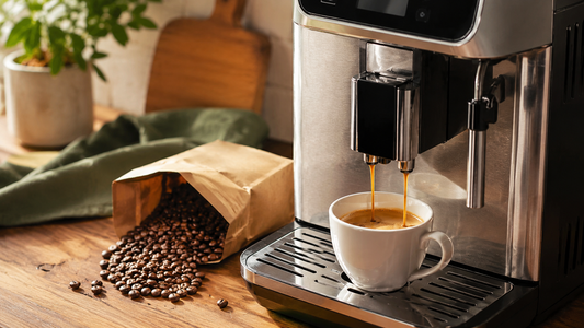 Super-automatic espresso machine brewing a shot beside a bag of whole-bean Panama coffee — the best coffee for super-automatic espresso machines