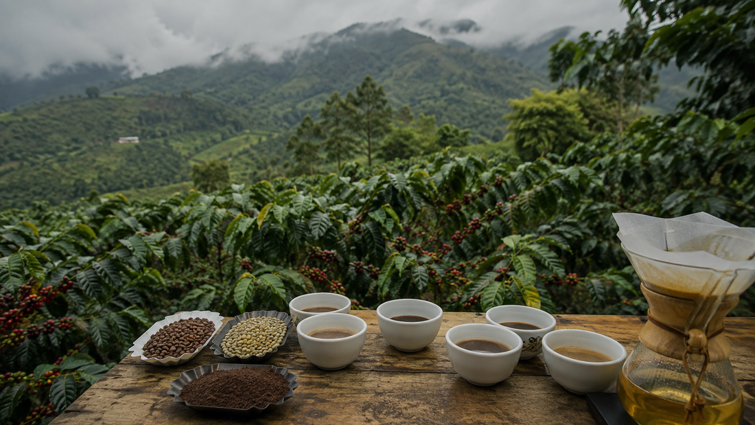 Coffee tasting table overlooking misty coffee farms in Boquete, Panama, where the best coffee tours take place
