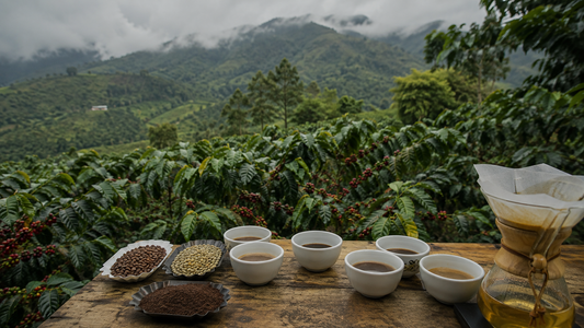Coffee tasting table overlooking misty coffee farms in Boquete, Panama, where the best coffee tours take place
