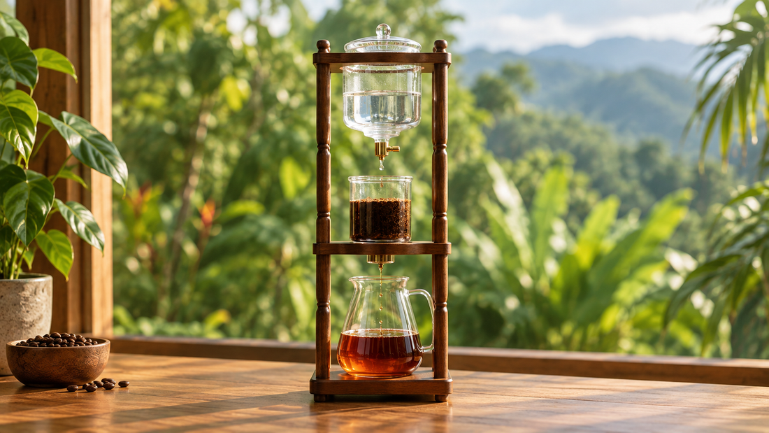yoto-style cold drip coffee tower dripping slowly into a glass carafe
