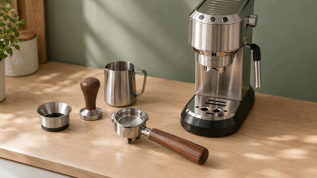 De'Longhi Dedica espresso machine with a bottomless portafilter, calibrated tamper, dosing funnel and milk pitcher