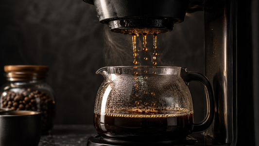 Drip coffee maker brewing fresh coffee into a glass carafe on a bright kitchen counter