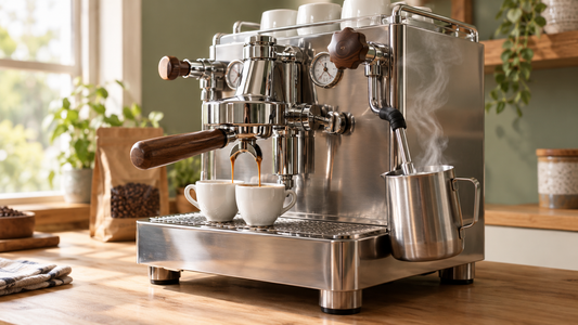 Dual boiler espresso machine brewing espresso and steaming milk at the same time on a home kitchen counter