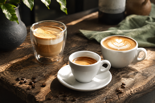 Porcelain espresso cups and double-wall glasses with a fresh shot of espresso on a wooden café counter