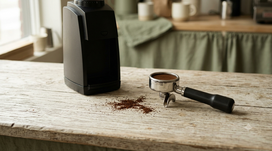 Electric espresso grinder beside a loaded 58mm portafilter and fresh grounds on a wooden counter