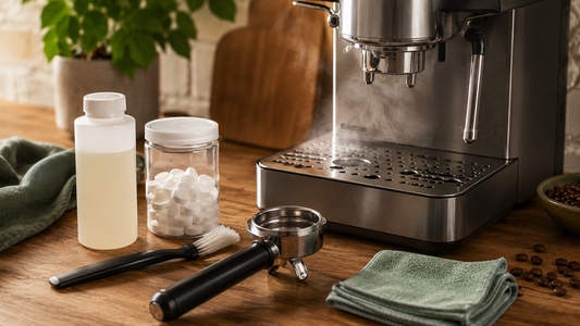 Espresso machine on a counter beside descaler, cleaning tablets, and a group-head brush — the best espresso machine cleaners and descalers