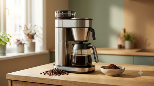 Grind and brew coffee maker with built-in burr grinder brewing a fresh pot of Panama coffee beside whole beans
