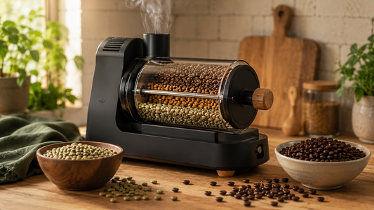 Home coffee roaster on a kitchen counter roasting beans from green to brown, with bowls of raw and freshly roasted coffee