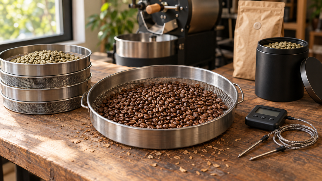Home coffee roasting accessories on a wooden bench: a stainless bean cooling tray, dual-probe thermometer, green bean grading sieves and an Airscape canister of green coffee