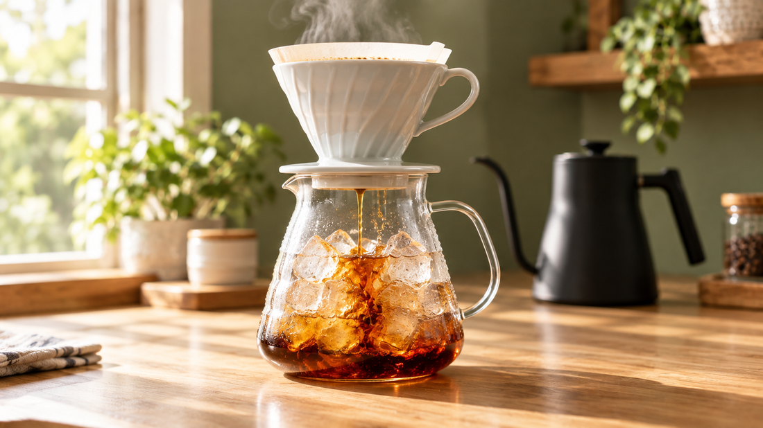 Flash brew iced coffee maker: hot pour-over coffee dripping through a V60 dripper directly over ice in a glass server