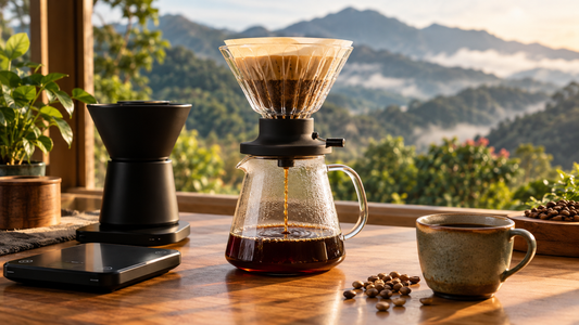 Glass immersion coffee dripper draining brewed coffee into a server on a home brew bar with Panama highlands in the background