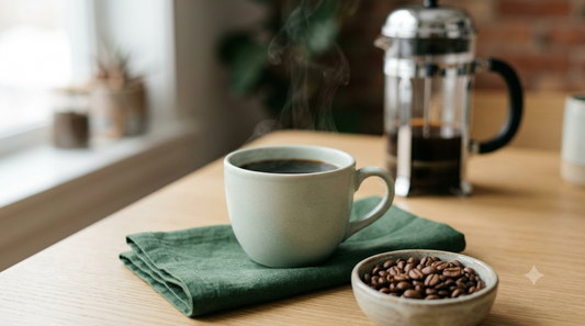 Smooth cup of low acid coffee with medium roast beans and French press - best low acid coffee guide