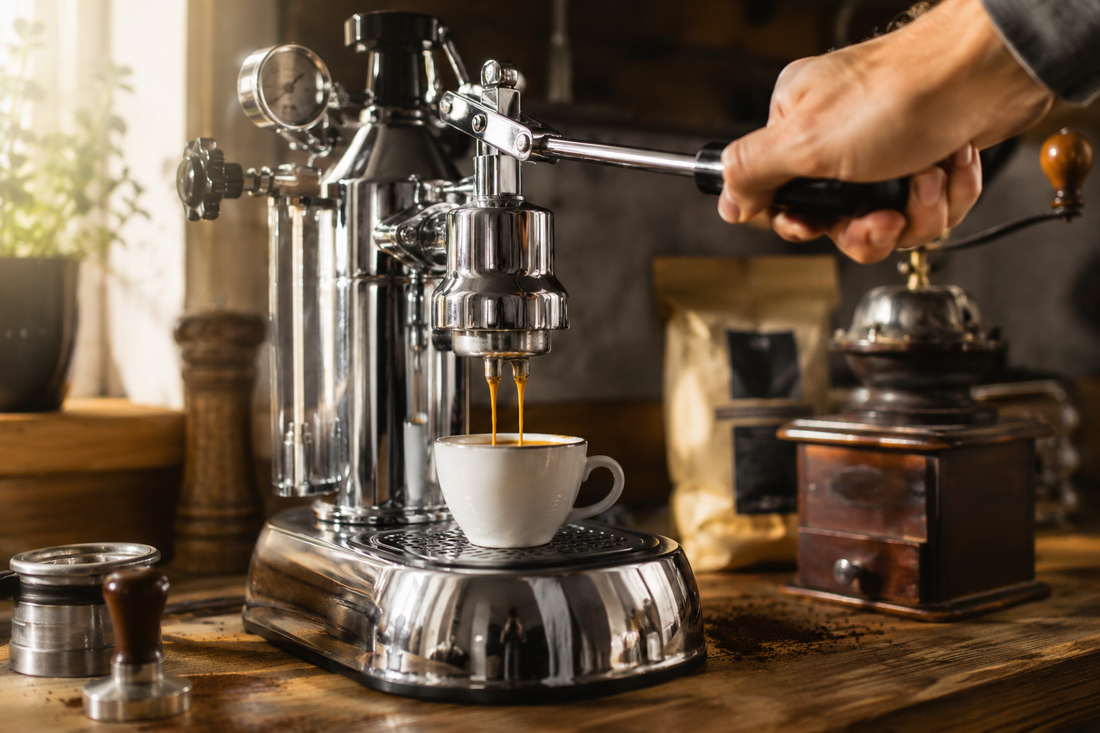 Manual lever espresso machine pulling a shot of espresso with crema into a demitasse cup