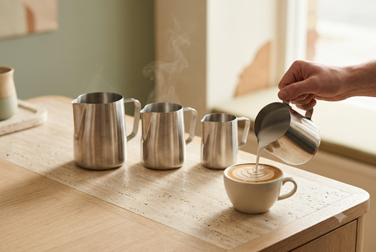 Stainless steel milk frothing pitchers on a café counter with a barista pouring latte art