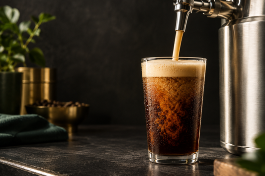 Nitro cold brew cascading into a glass poured from a stainless steel home nitro keg with a stout creamer faucet