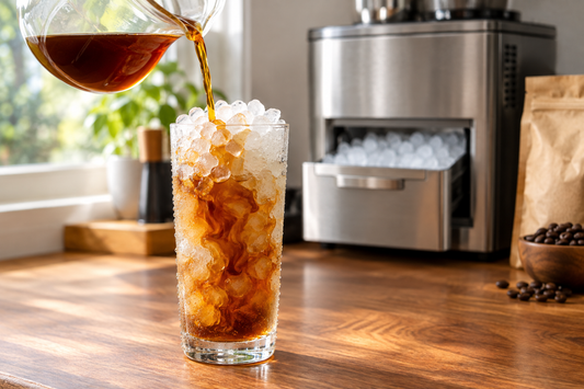 Freshly brewed Panama coffee poured over chewable nugget ice from a countertop ice maker