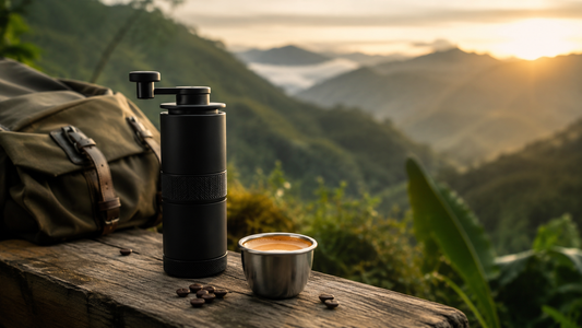 Portable espresso maker and a freshly pulled shot on a wooden ledge, with a travel backpack and misty Boquete highlands at dawn behind