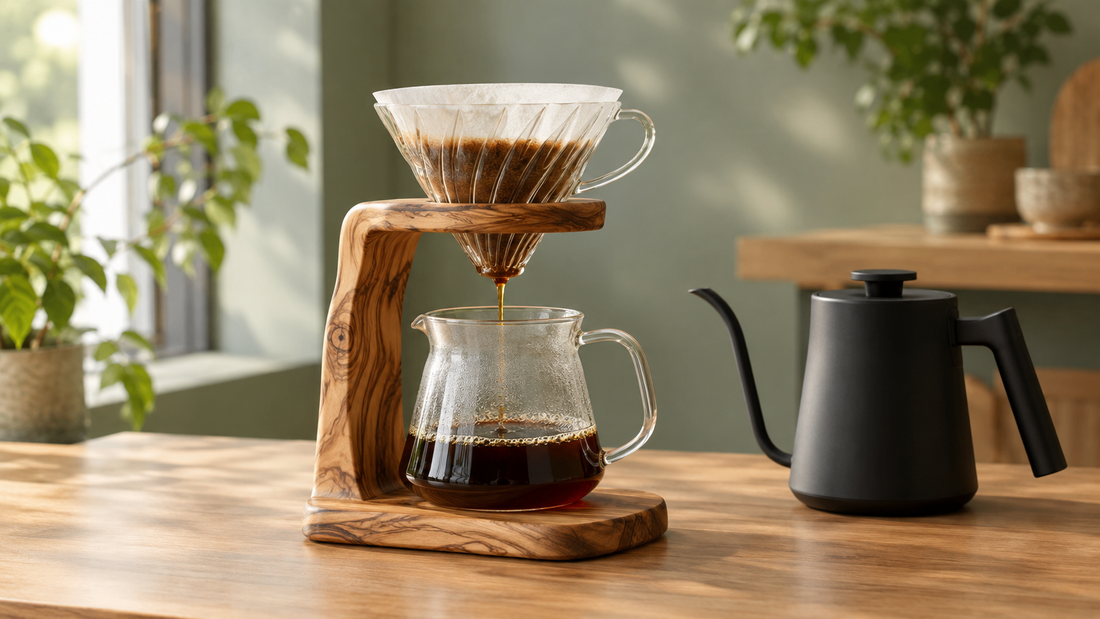 Olive wood pour-over coffee stand holding a glass V60 dripper over a server mid-brew
