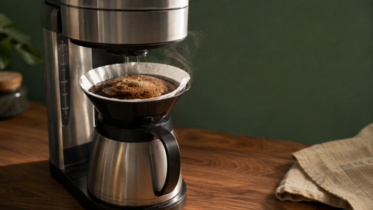 Drip coffee maker brewing into a glass carafe on a wooden counter, mid-bloom
