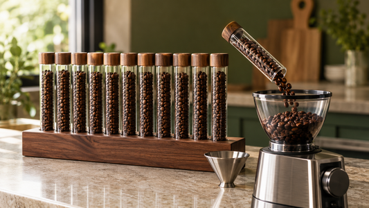 Single-dose coffee bean cellars in a walnut stand, one tube pouring beans into an espresso grinder
