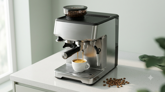 Super-automatic espresso machine with a built-in grinder pulling a double shot with crema into a white cup.