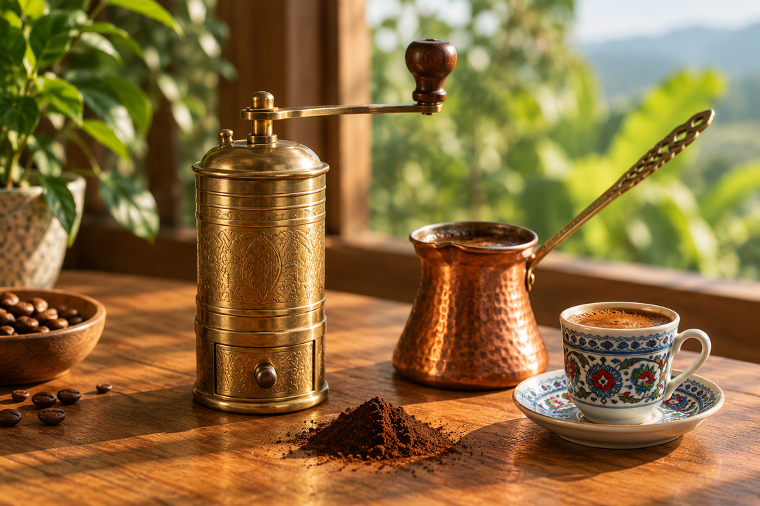 Brass Turkish coffee grinder beside a copper cezve and a cup of Turkish coffee