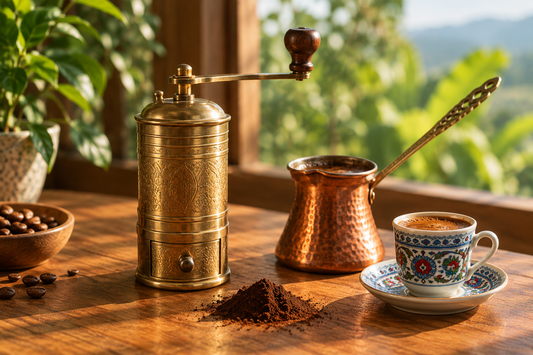 Brass Turkish coffee grinder beside a copper cezve and a cup of Turkish coffee