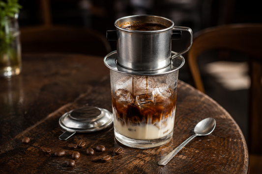Vietnamese phin coffee filter dripping fresh coffee into a glass of cà phê sữa đá over ice