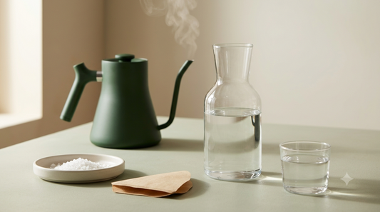 Best water for coffee: glass carafe of filtered water, mineral crystals and a gooseneck kettle on a sage stone counter.
