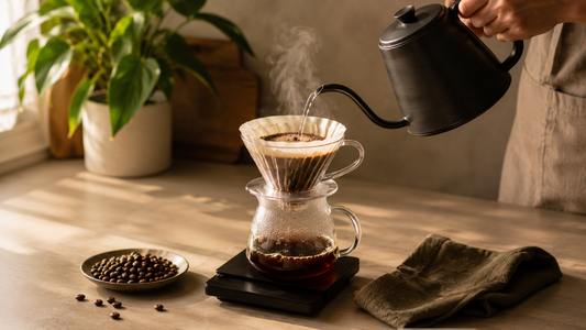 Gooseneck kettle pouring hot water over a coffee dripper on a bright kitchen counter